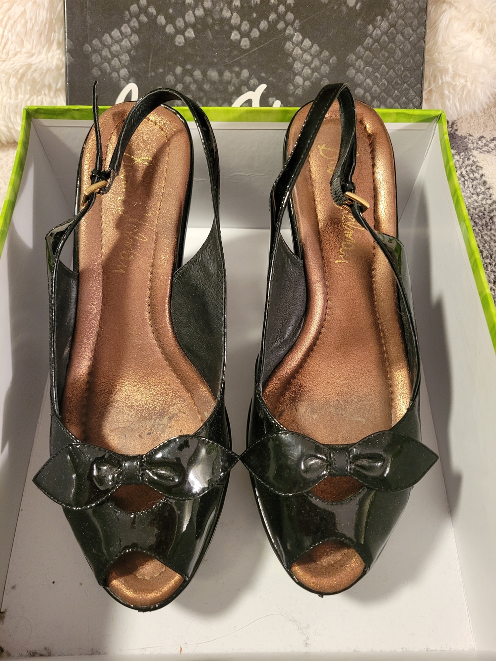 Sam Edelman Black Patent Peep-Toe Slingback Heels with Bow